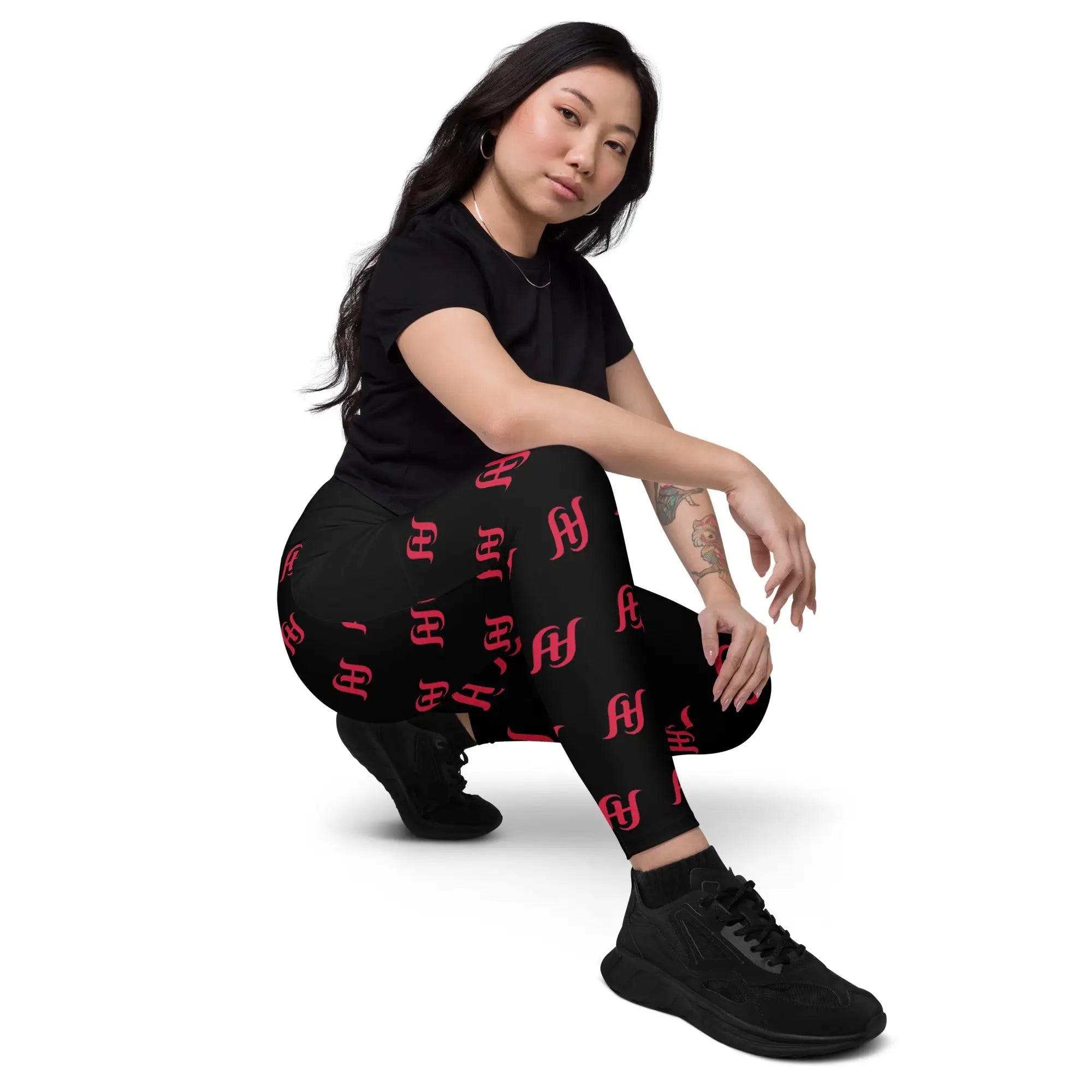 Women's all-over print recycled leggings with pockets in white, front view, eco-friendly activewear