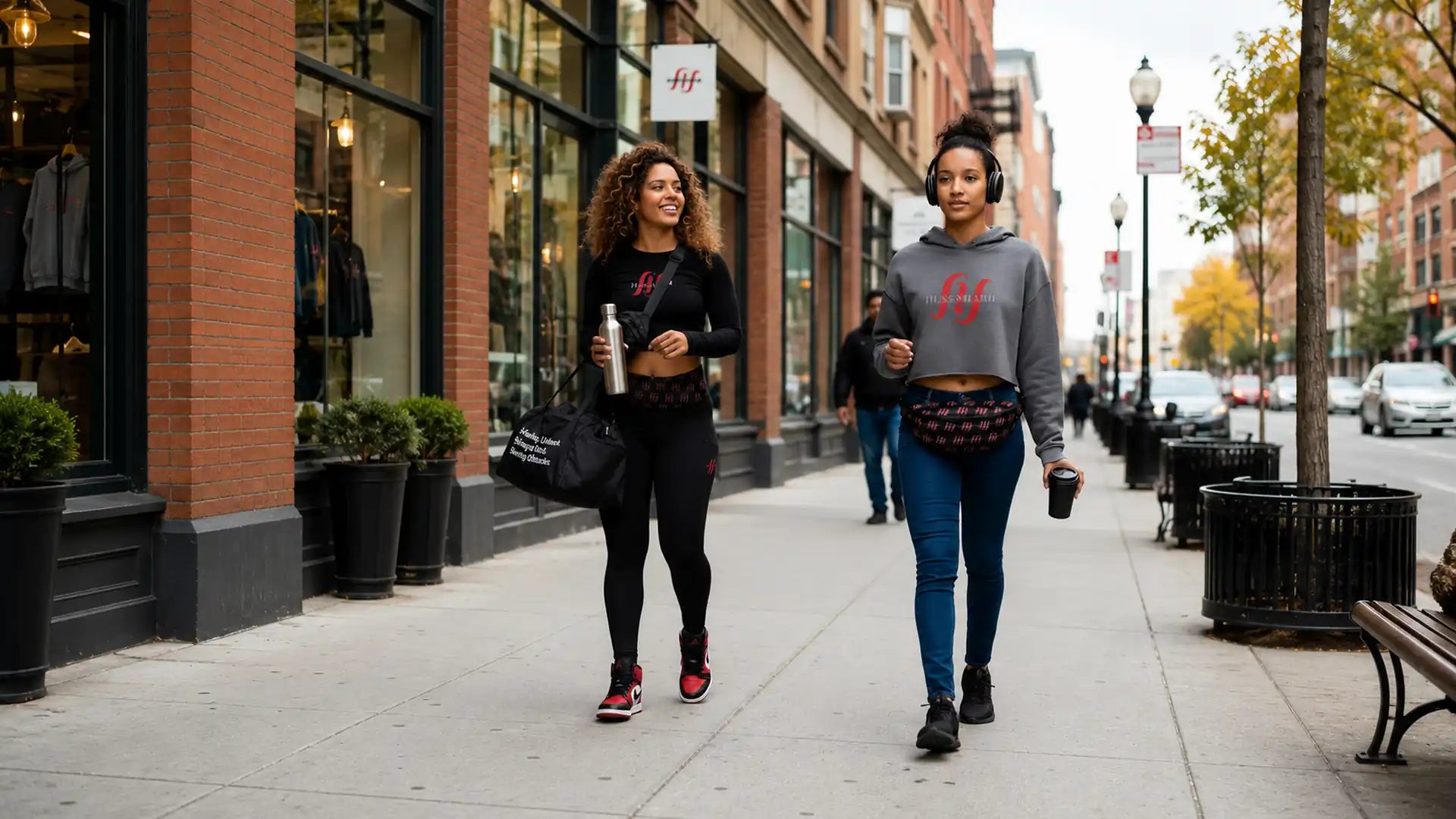 Women wearing Husso Hard motivational athletic streetwear with hoodie, leggings and gym bag on a city street.