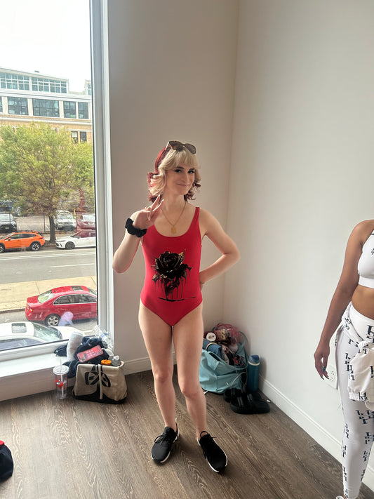 Women’s Red One-Piece Swimsuit with Black Rose Graphic (XS-3XL)