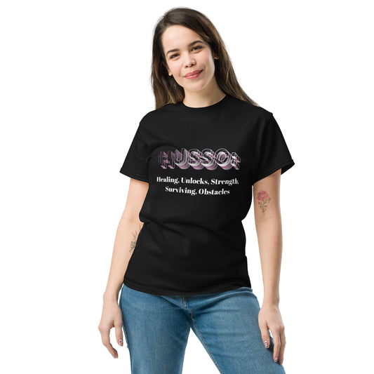 Woman wearing black Husso Hard Healing Strength graphic T-shirt