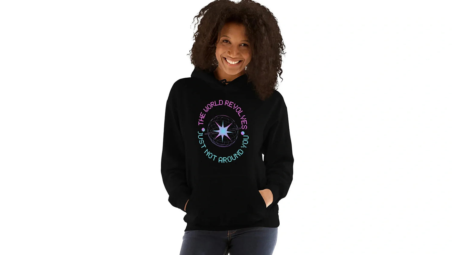 Husso Hard black women’s hoodie with world revolves graphic for motivational athletic streetwear 