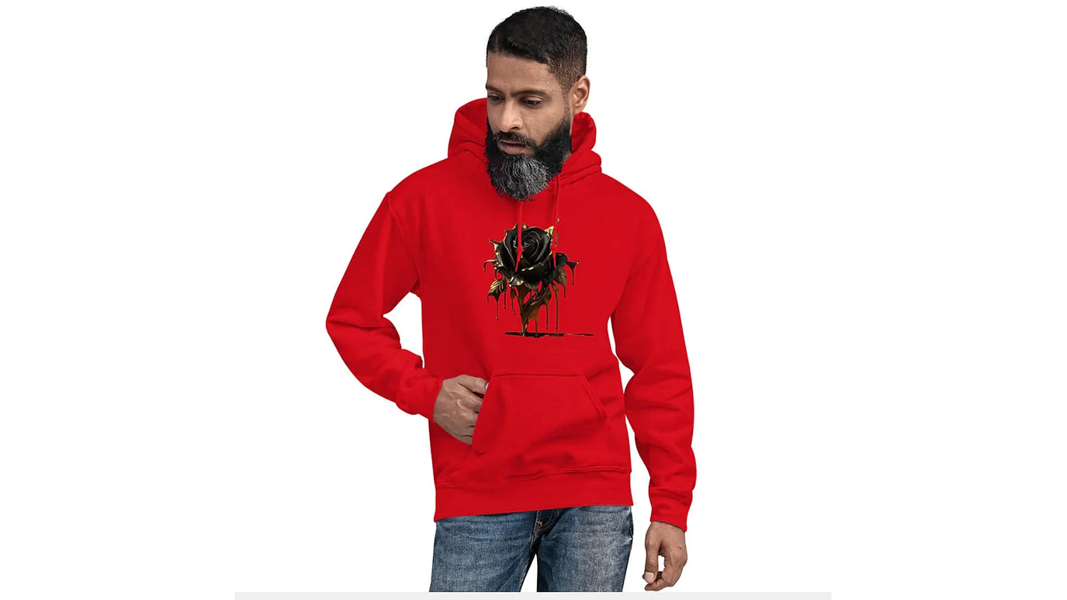 Husso Hard red men’s hoodie with black rose graphic for athletic streetwear
