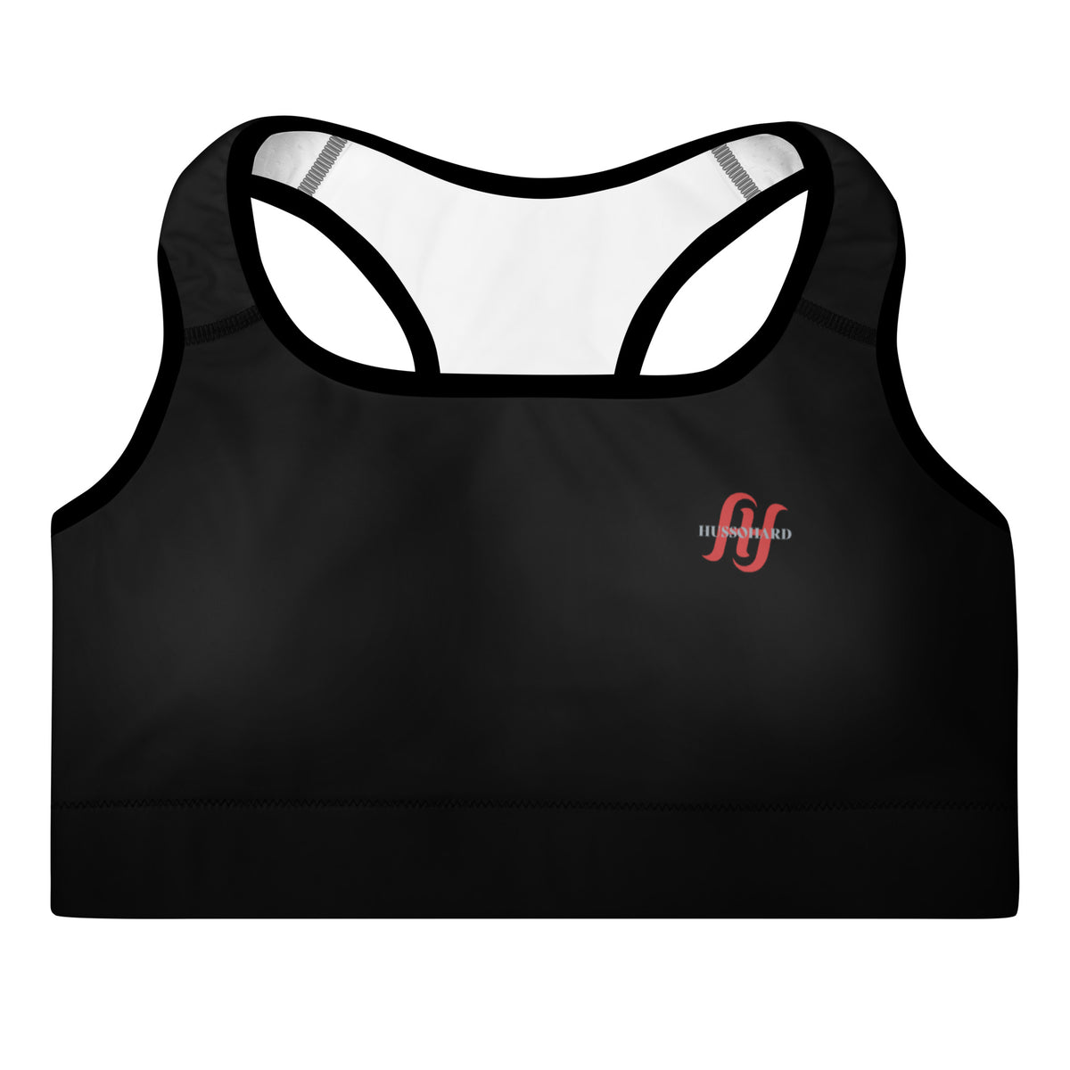 Black Husso Hard minimal logo padded sports bra with red logo, front product view