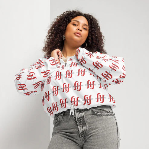 Women’s Double Red H All-Over Print Cropped Windbreaker (XS–2XL)