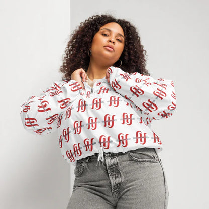 Women’s Double Red H All-Over Print Cropped Windbreaker (XS–2XL)