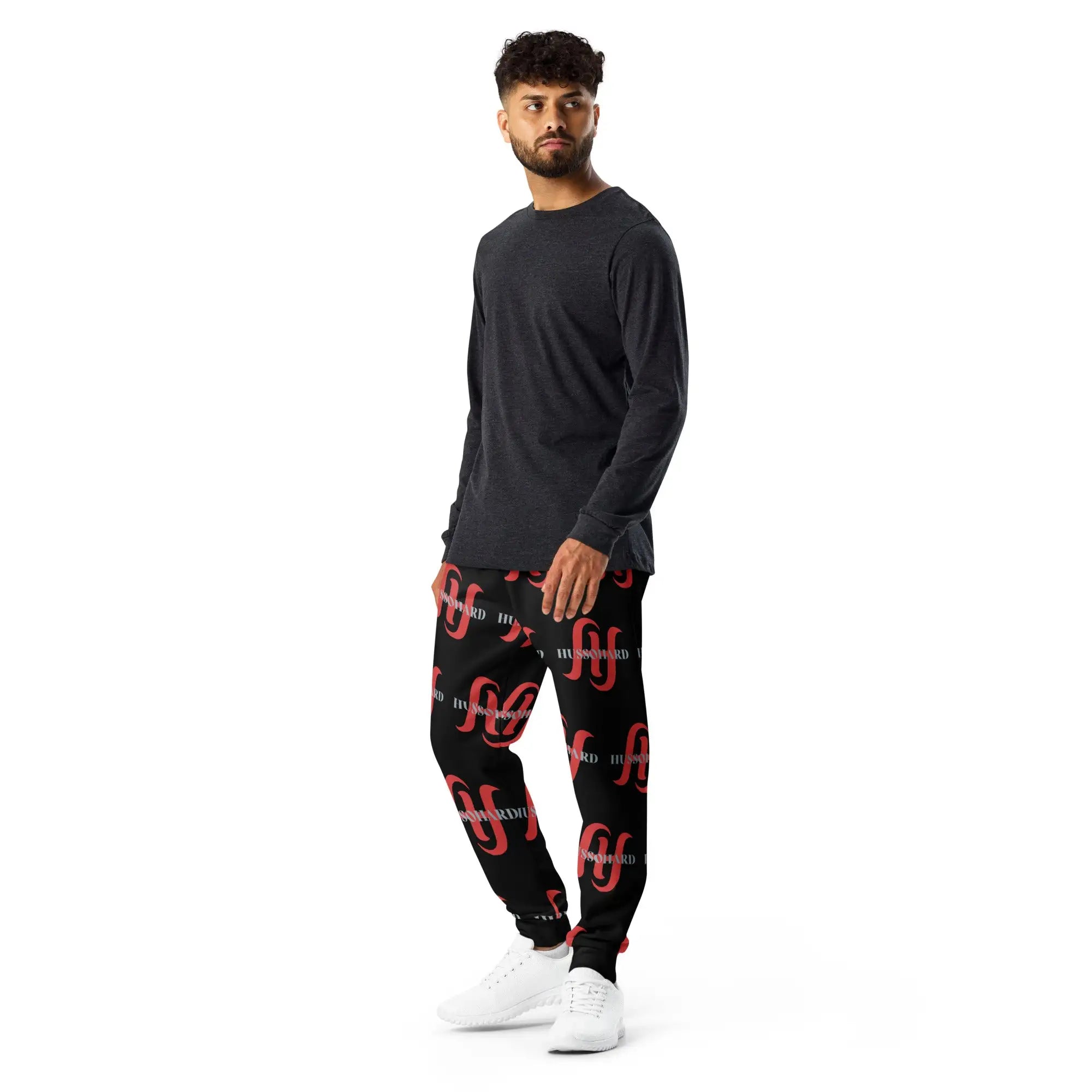 Men's all-over print recycled joggers in white, front view, sustainable streetwear