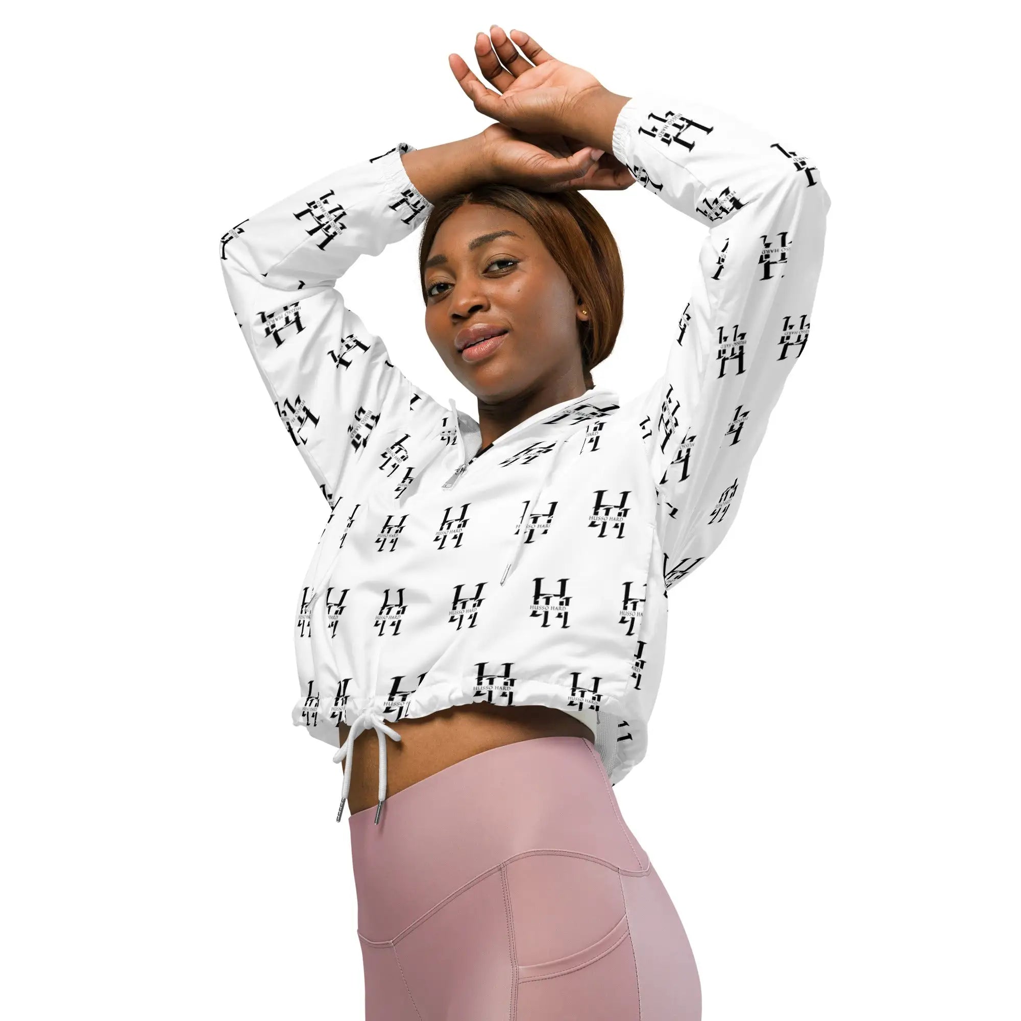 Women's all-over print cropped windbreaker in white, front view, lightweight outerwear