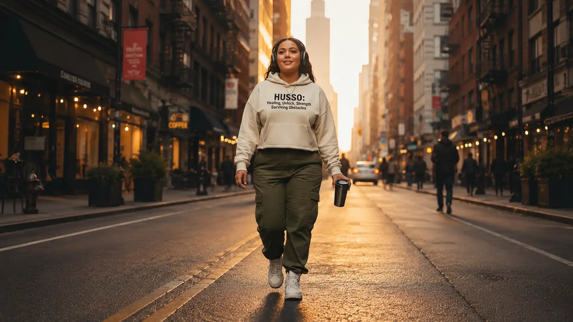 Woman wearing a Husso Hard cropped hoodie in an urban streetwear setting.