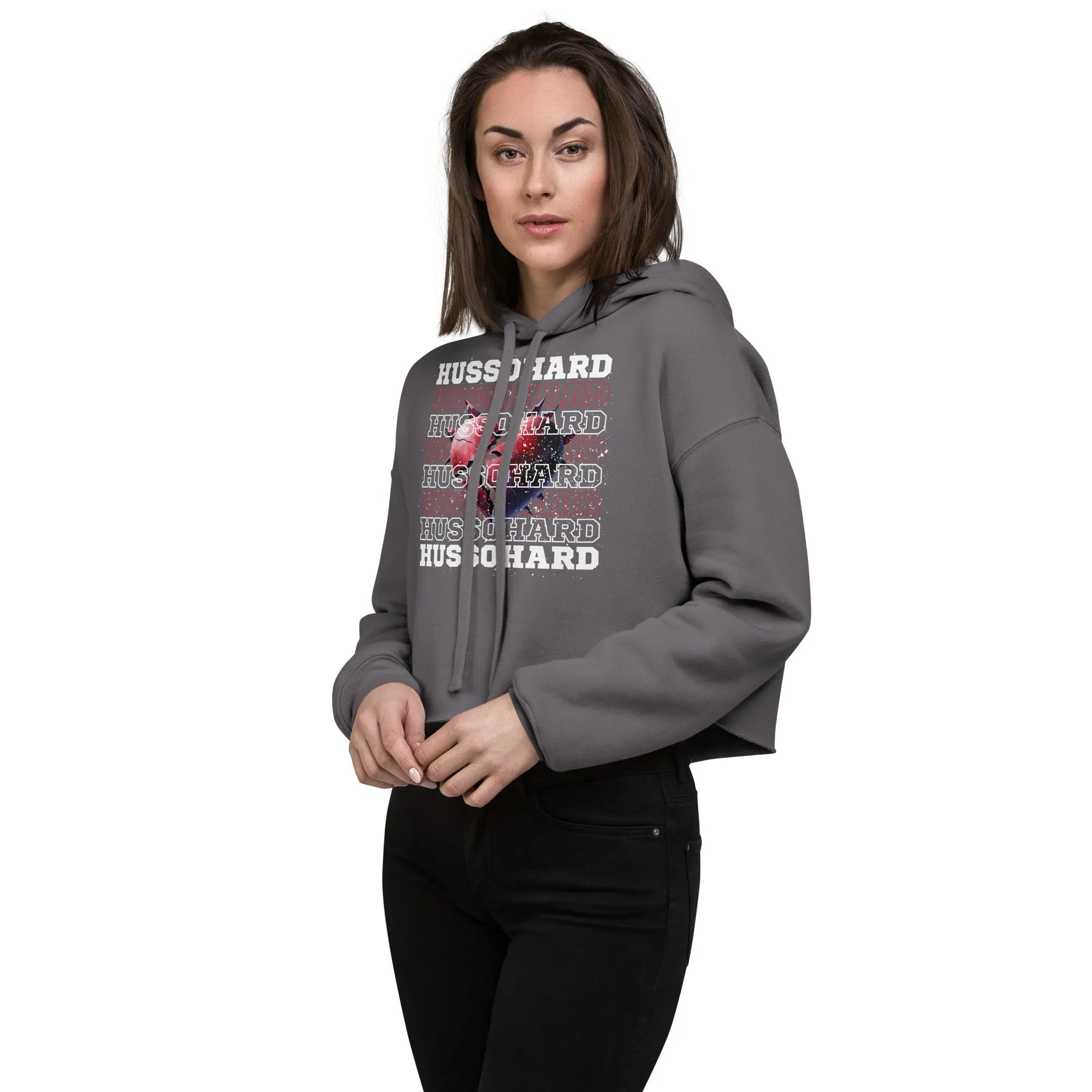 Woman wearing grey Husso Hard cropped hoodie with black jeans