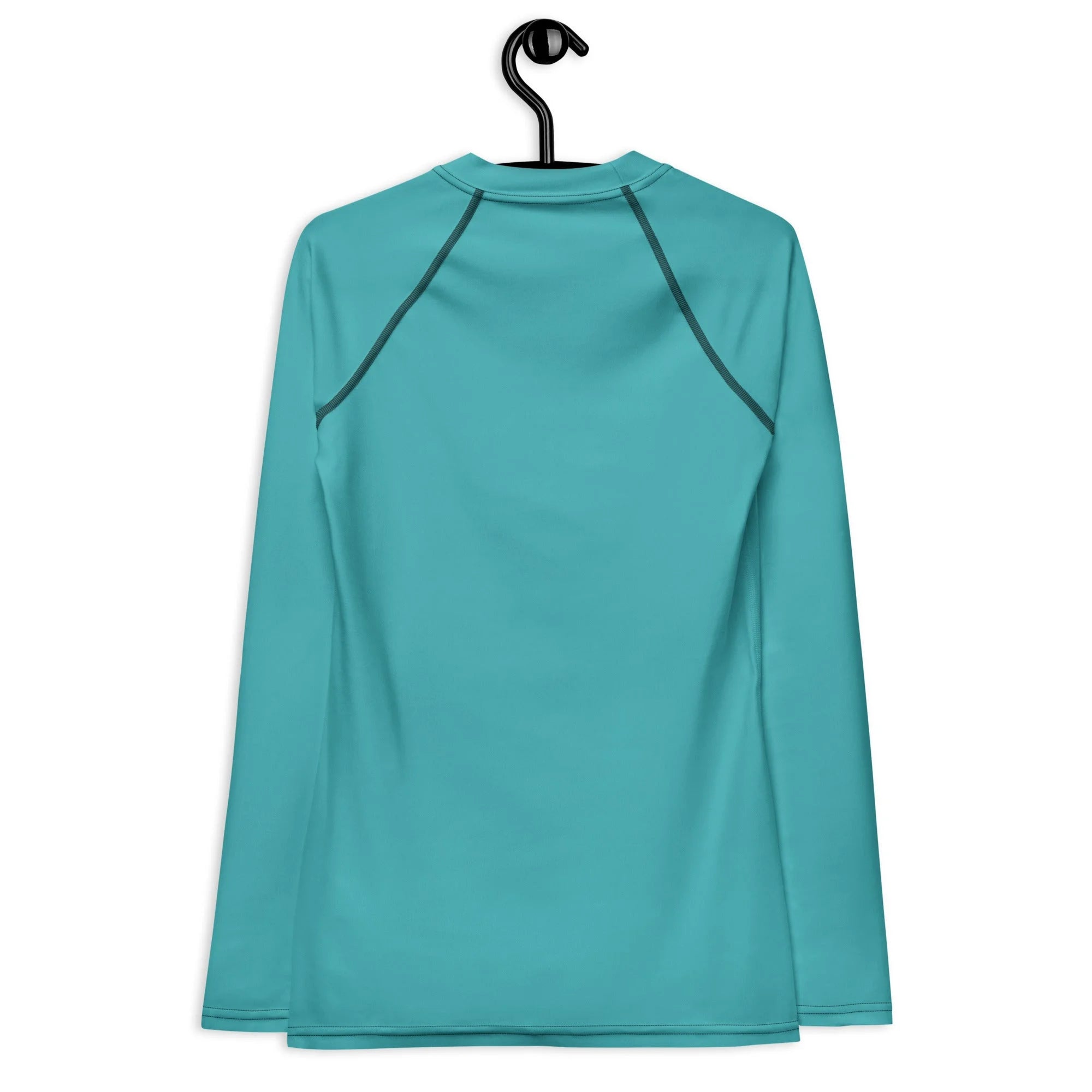 Back view of teal Husso Hard long sleeve athletic rash guard on hanger
