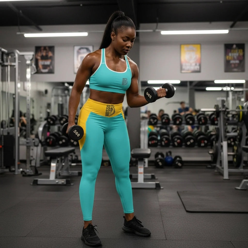 Woman lifting dumbbells in turquoise yellow Husso Hard gym set