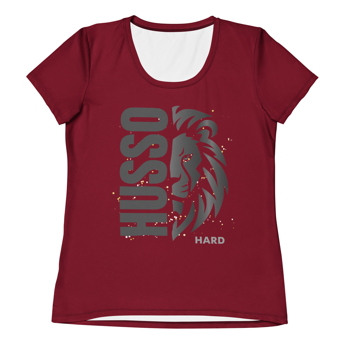 Women's burgundy Lion Graphic Athletic Shirt with Husso Hard lion design