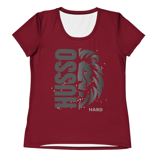 Women's burgundy Lion Graphic Athletic Shirt with Husso Hard lion design