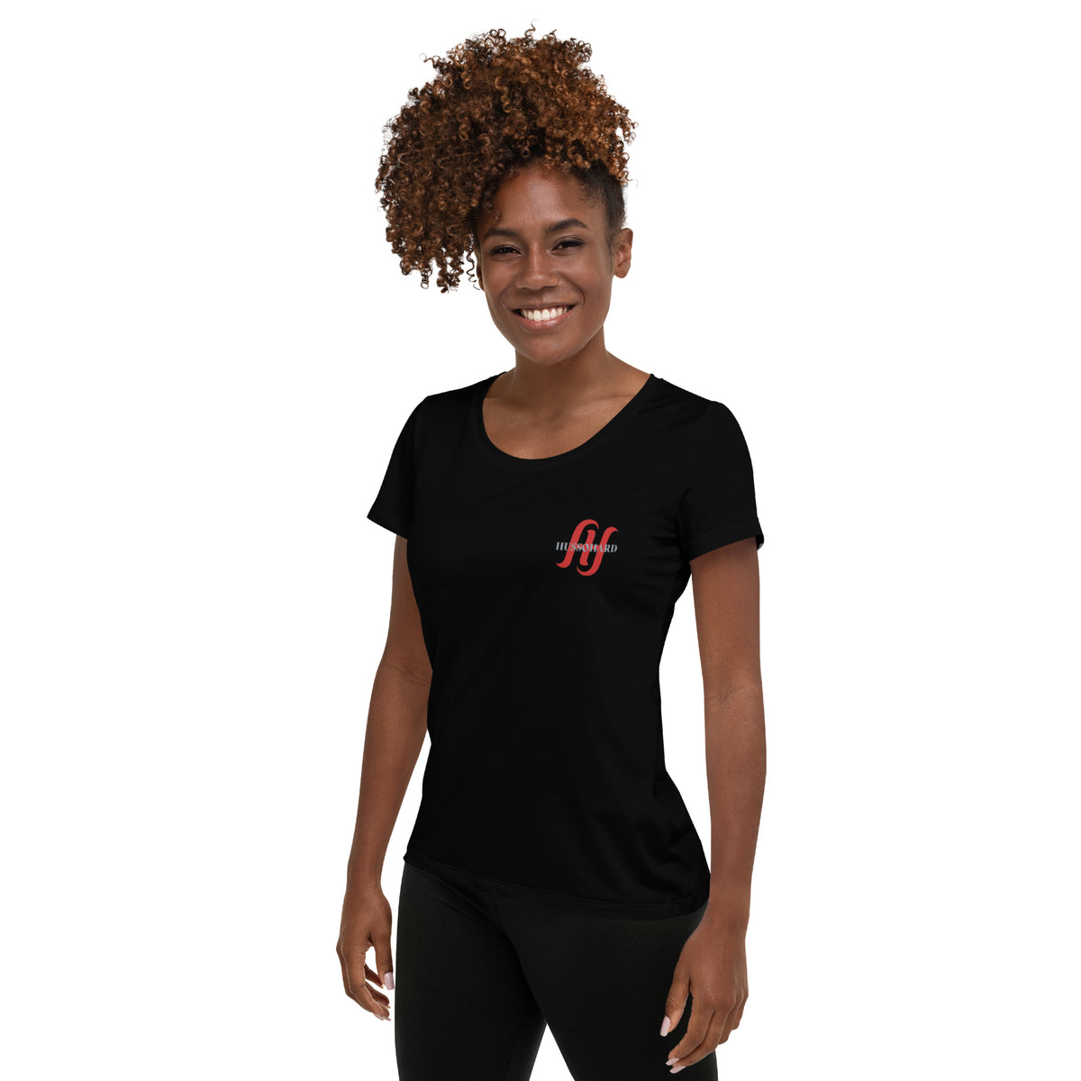 Women's Black Spandex Athletic Shirt with Red Logo