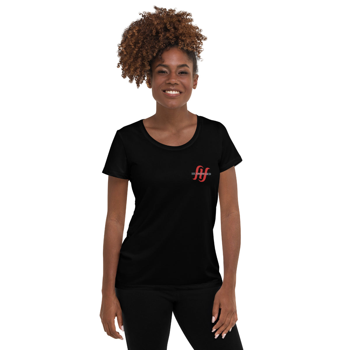 Women's Black Spandex Athletic Shirt with Red Logo