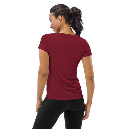 Women's Burgundy Lion Graphic Athletic Shirt back view with Husso Hard design
