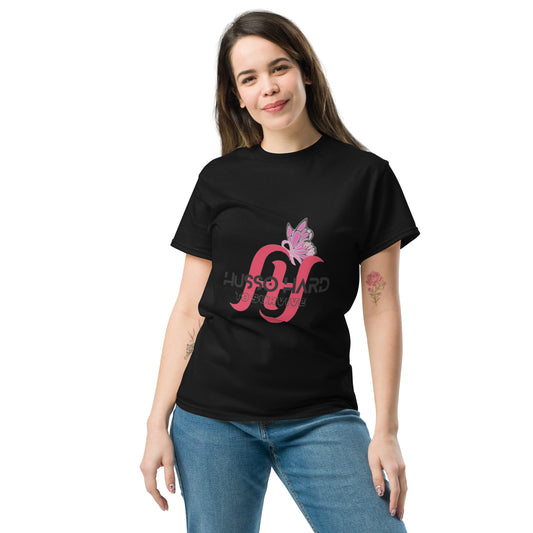 Woman wearing black Husso Hard butterfly graphic T-shirt, front view