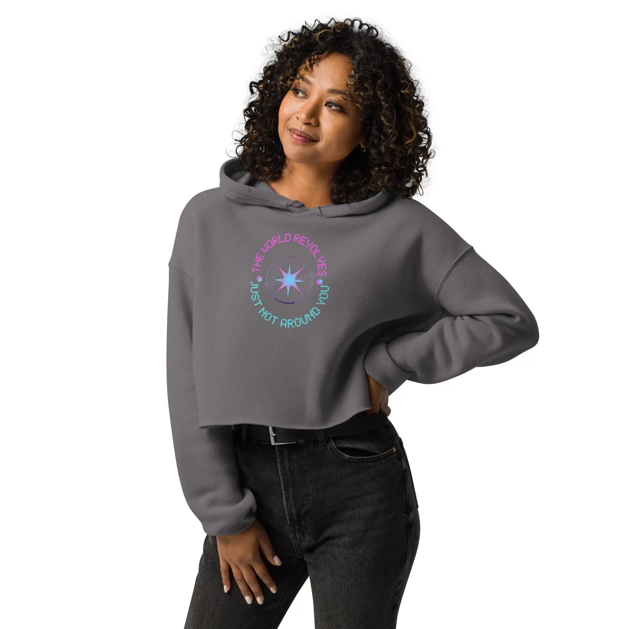 Women's Husso Hard cropped hoodie in storm color, front view, casual athletic wear