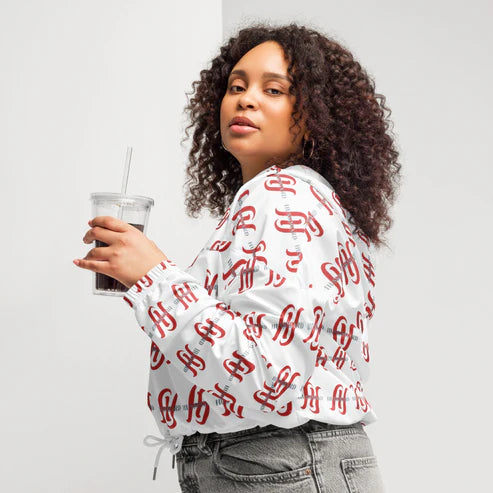 Women’s Double Red H All-Over Print Cropped Windbreaker (XS–2XL)