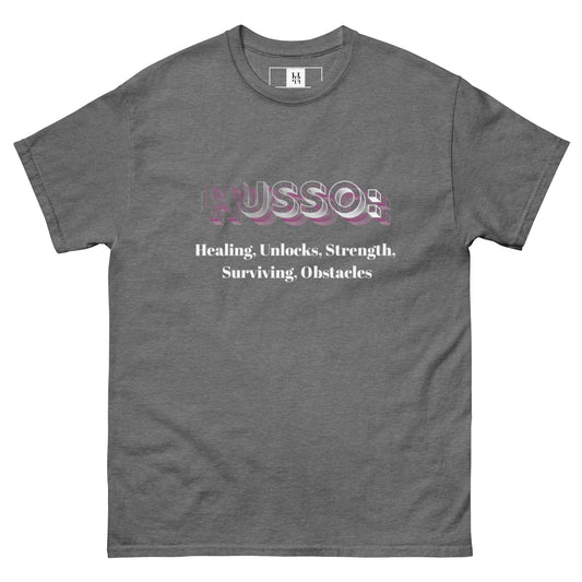 Graphite heather Husso Hard Healing Strength graphic T-shirt