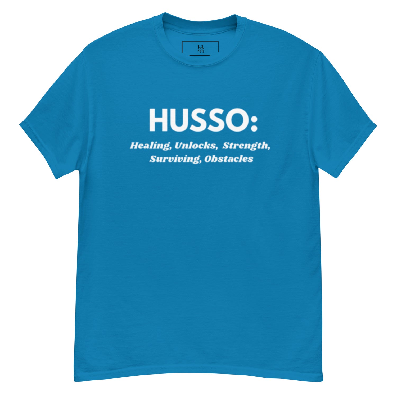 Sapphire HUSSO acronym graphic T-shirt, front view