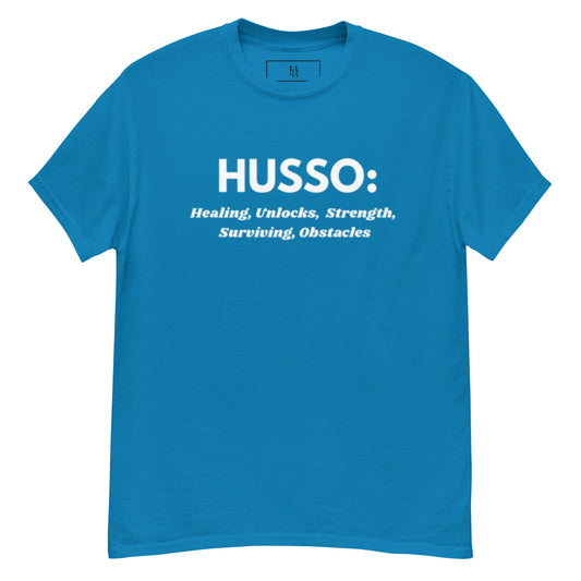 Sapphire HUSSO acronym graphic T-shirt, front view