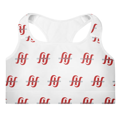 White Husso Hard padded sports bra with red logo print