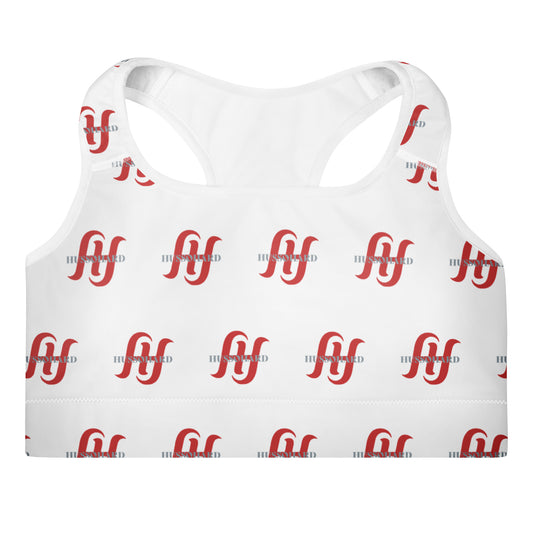 White Husso Hard padded sports bra with red logo print